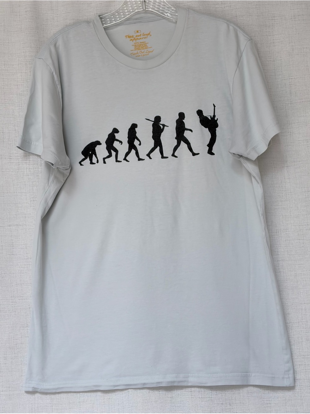 Think Out Loud.”Evolution of Man to Guitarist" graphic white cotton t-shirt.Sz M